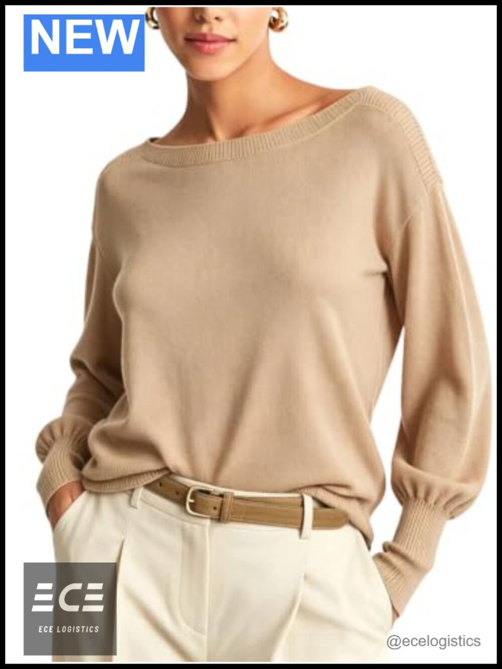 Boat Neck Lantern Sleeve Knit Pullover Sweater